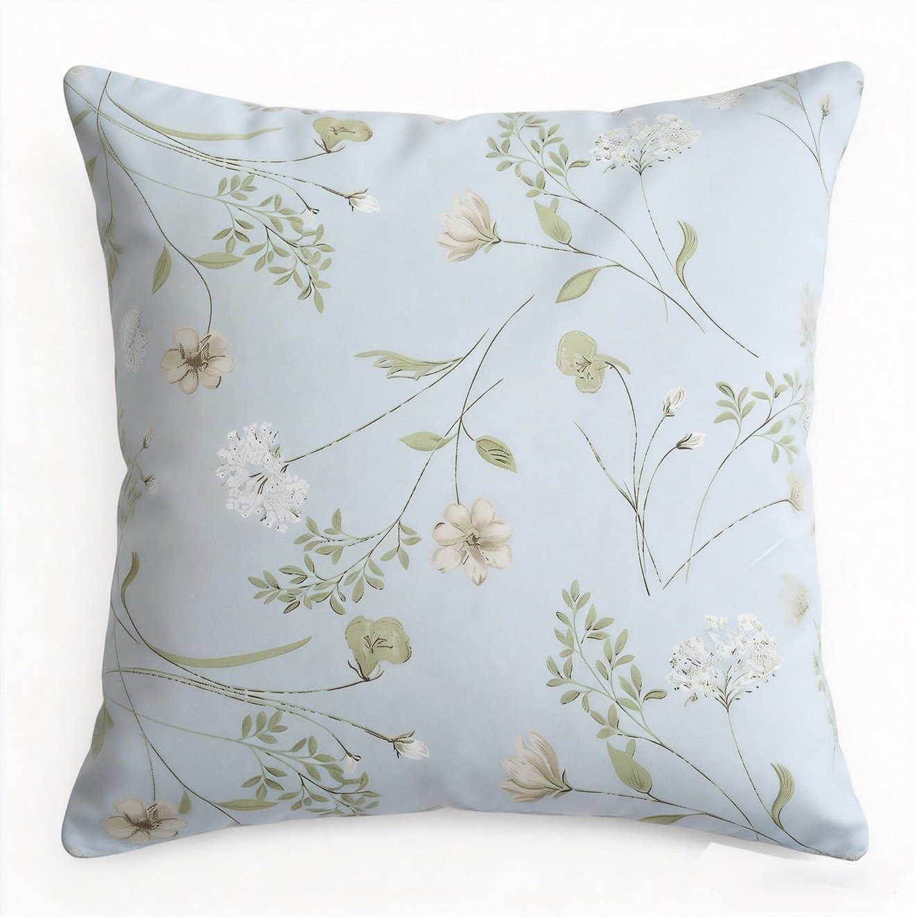 light blue decorative throw pillow cover with delicate green and cream floral pattern, perfect for spring home decor and neutral living spaces