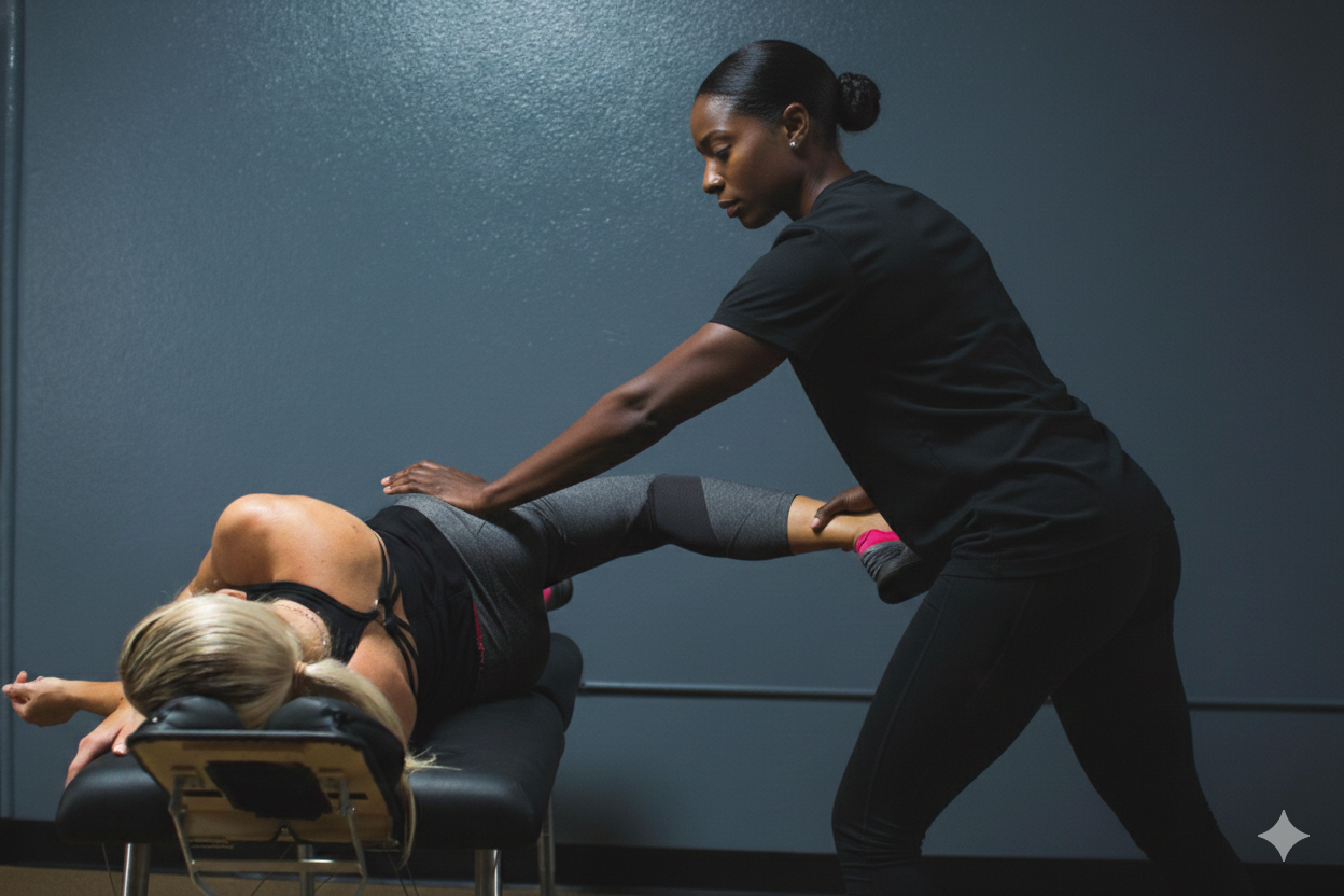 A physical therapist assisting a woman with leg stretches on a treatment table in a therapy setting.