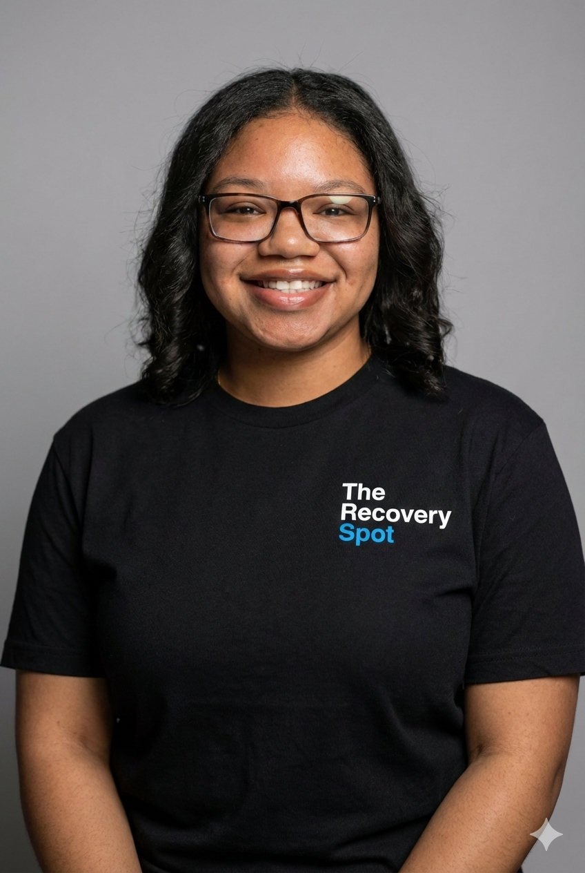 A woman with glasses and shoulder-length wavy black hair smiling, wearing a black T-shirt that says "The Recovery Spot" in small print.