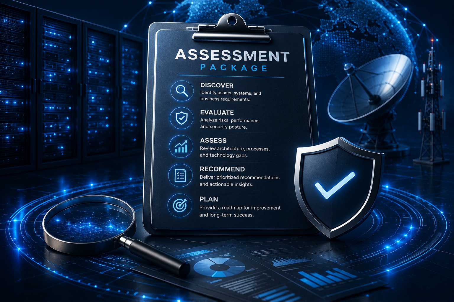 Digital infographic with a clipboard titled 'Assessment Package' listing steps: Discover, Evaluate, Assess, Recommend, Plan, with a magnifying glass, shield with check mark, bar chart, document icon, and target icons. Background features server racks, satellite dish, and satellite communications with glowing blue technology graphics.