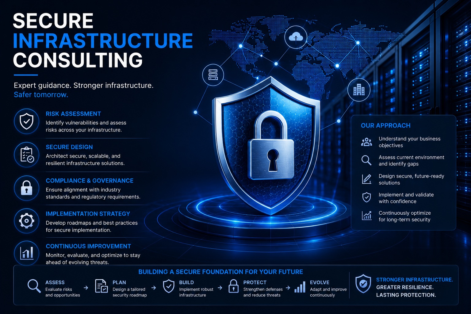  infographic on secure infrastructure consulting featuring a shield with a padlock in the center, surrounded by icons representing risk assessment, secure design, compliance, strategy, and continuous improvement, with a world map background and blue digital elements.