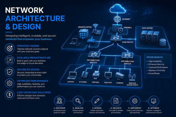 Diagram of network architecture and design showing components like an internet cloud, core switch, distribution switches, and end-user devices such as laptops and printers, with key features and benefits listed on the side.