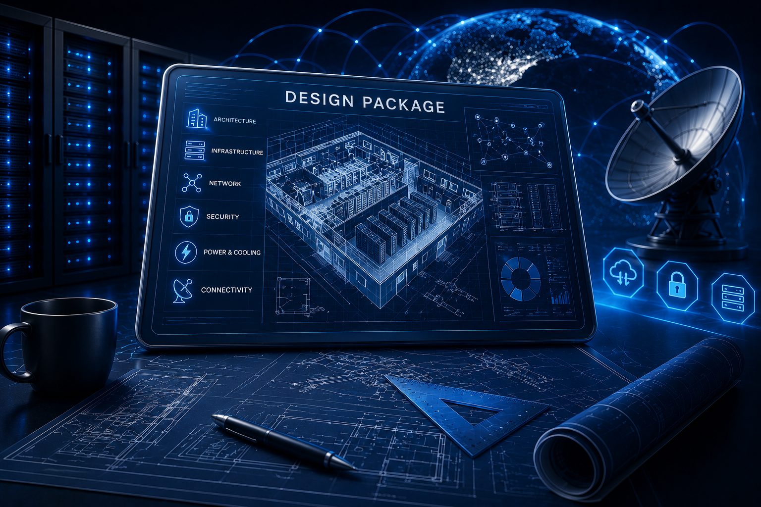 A futuristic digital blueprint of a data center with a control panel titled 'Design Package'. The panel displays detailed infrastructure elements such as architecture, network, security, power & cooling, and connectivity. Surrounding the workspace are a black coffee mug, a rolled-up blueprint, a pen, a triangular ruler, a satellite dish, and icons representing cloud storage, security lock, and data servers, all set in a high-tech environment with server racks and globe map in background.