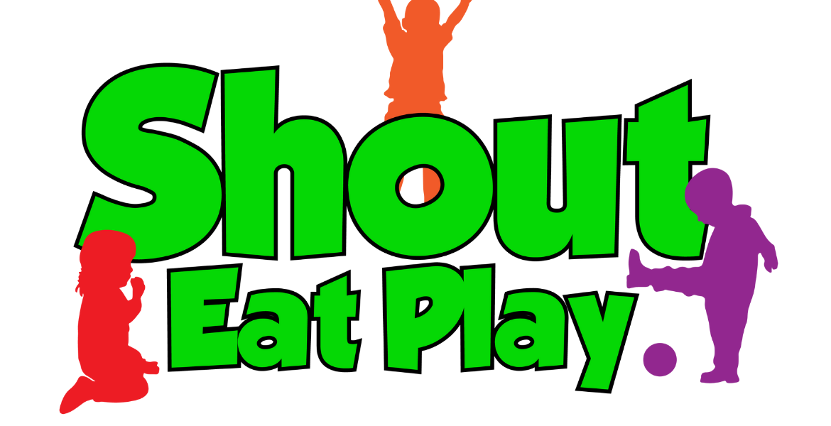 Colorful text reading "Shout Eat Play" with silhouettes of children in various poses around the text.
