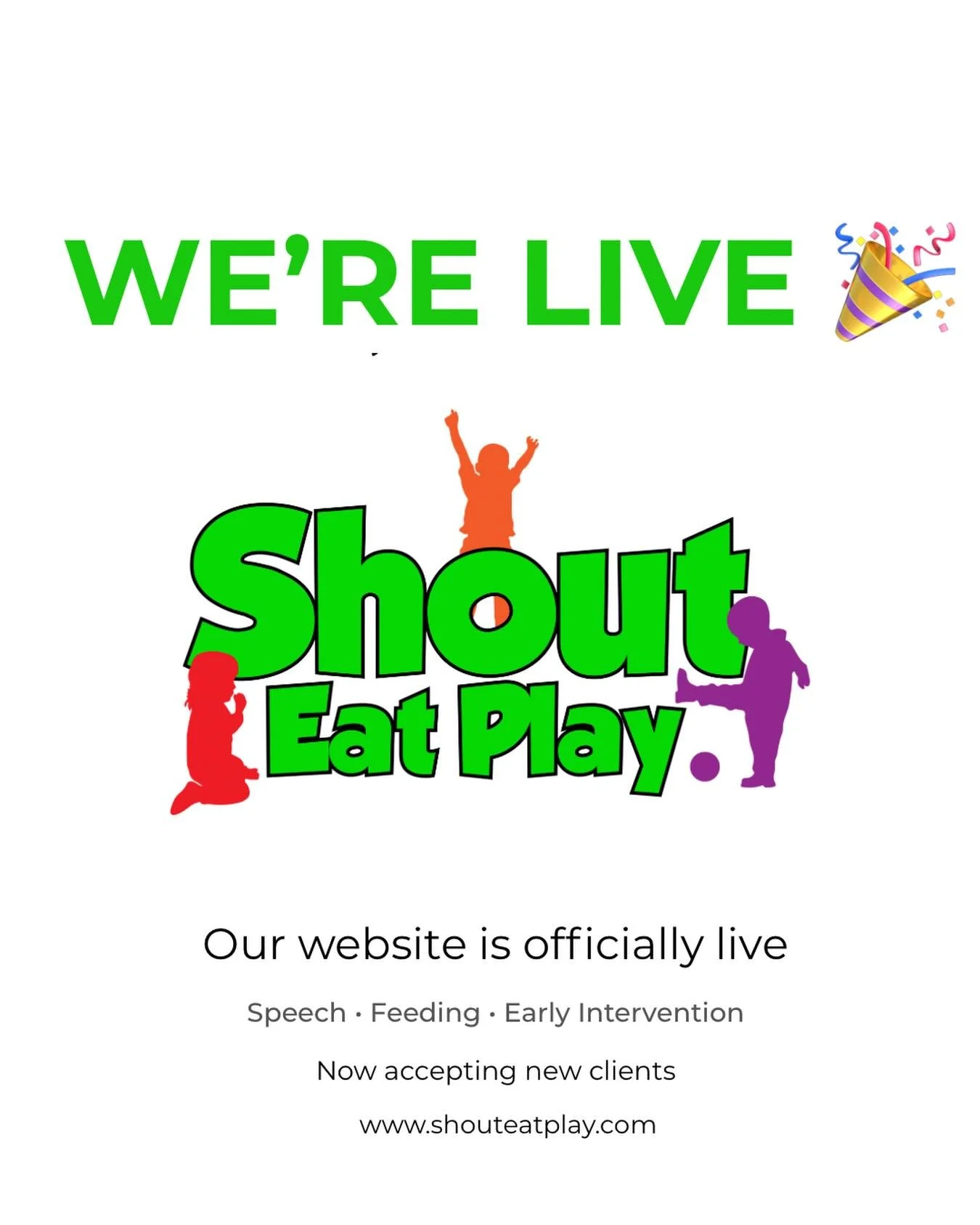 WE&rsquo;VE BEEN HERE&hellip; NOW WE&rsquo;RE ONLINE 🎉

Shout Eat Play has been proudly serving families,  and now we have a space that reflects everything we do 🤍

We provide speech, language, and feeding therapy in natural environments designed f