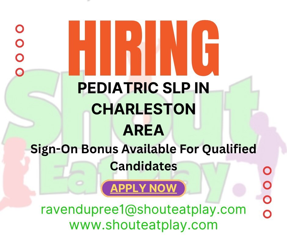 We&rsquo;re growing again! 🎉

Shout Eat Play is now hiring a Pediatric SLP (CCC) to serve Charleston and surrounding areas. If you&rsquo;re passionate about making a difference in children&rsquo;s lives and want flexibility, support, and meaningful 