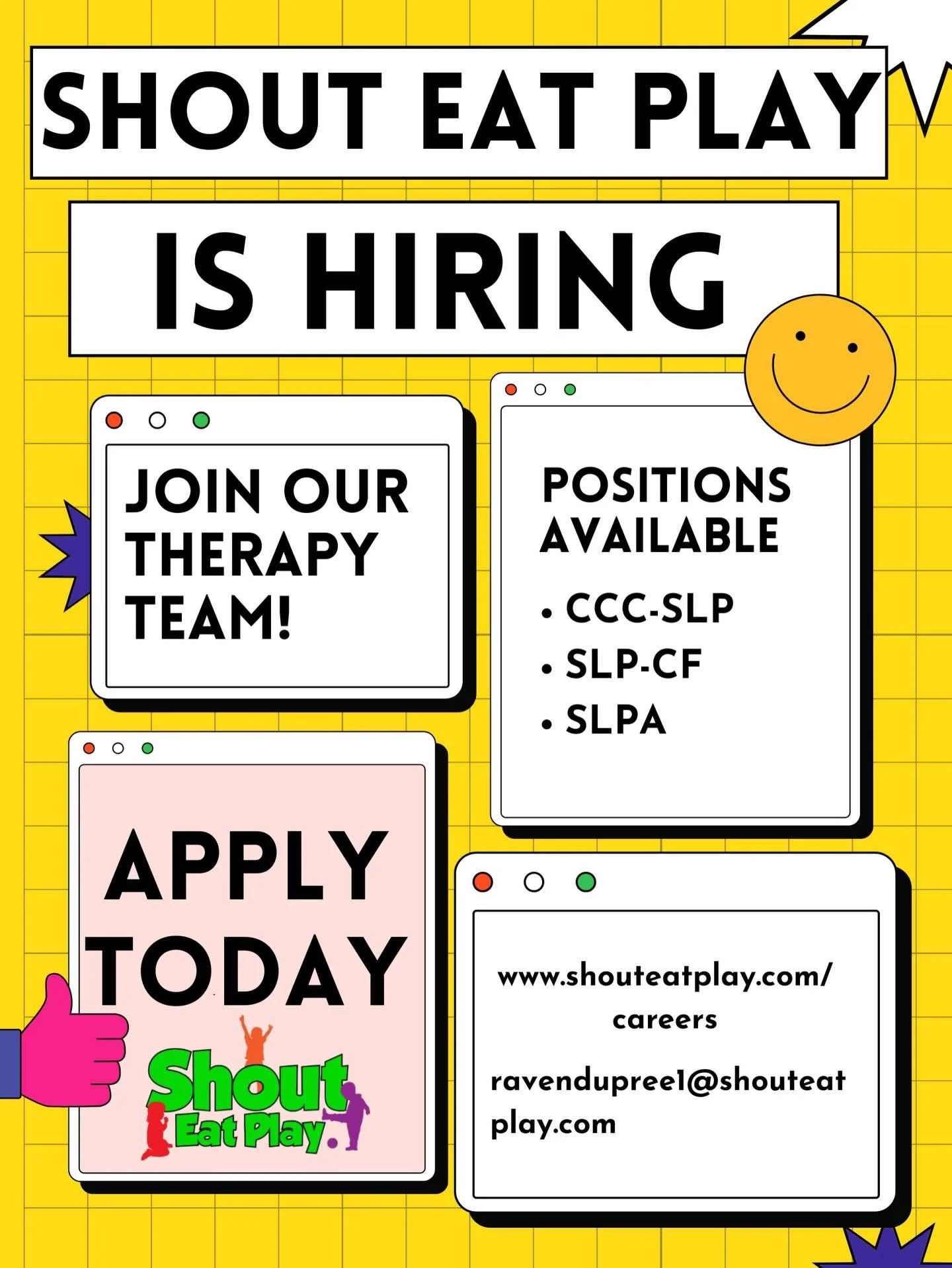 Shout Eat Play is growing and we are hiring
CCC-SLP, SLP-CF, and SLPA positions available
✨ Sign-on bonus available for CCC-SLPs only
Apply today at www.shouteatplay.com/careers