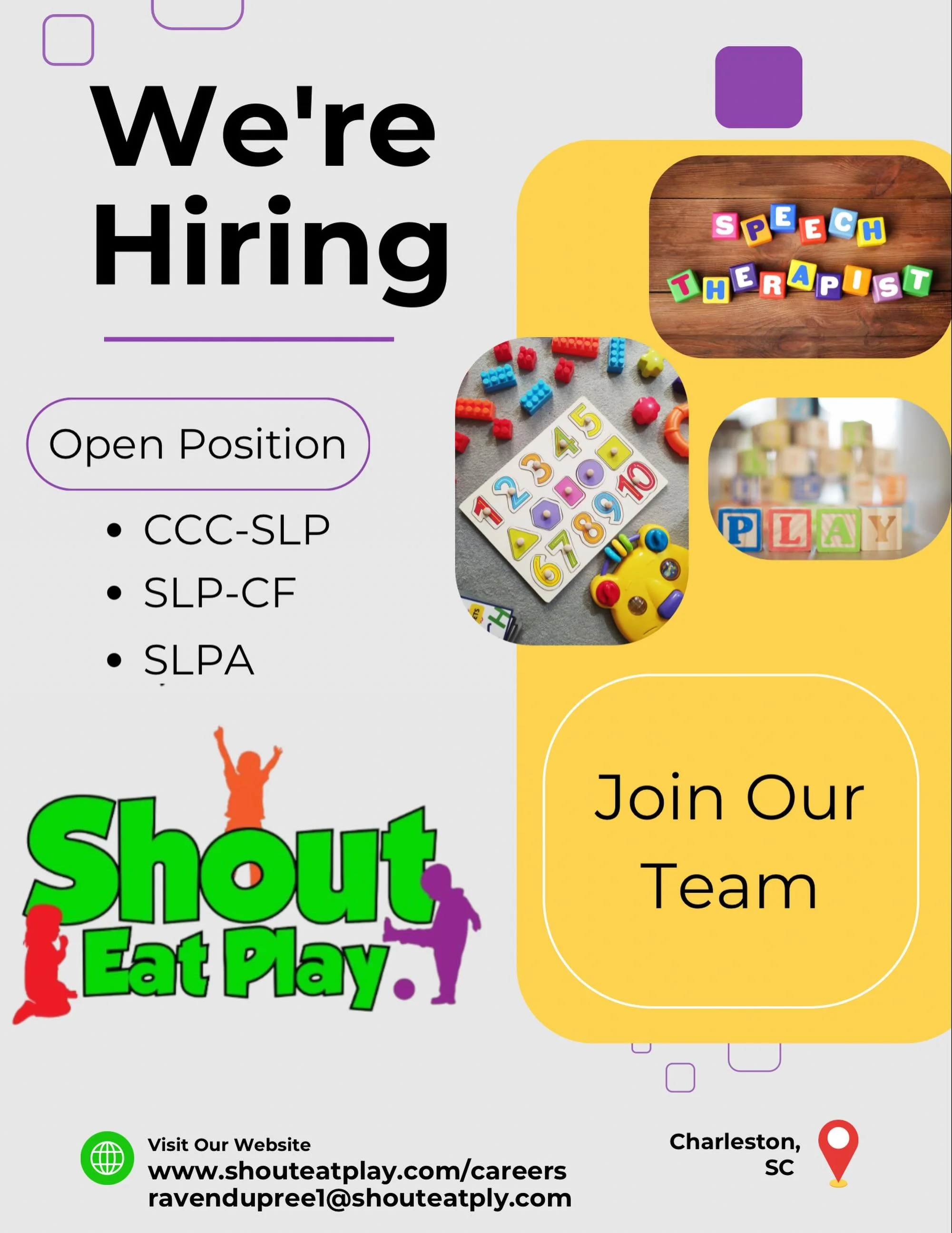 We&rsquo;re growing at Shout Eat Play and looking for passionate therapists to join our team! 💜🧡💚

✨ Now Hiring:
&bull; CCC-SLP
&bull; SLP-CF
&bull; SLPA

We provide pediatric speech, language, feeding, and early intervention services in home, day