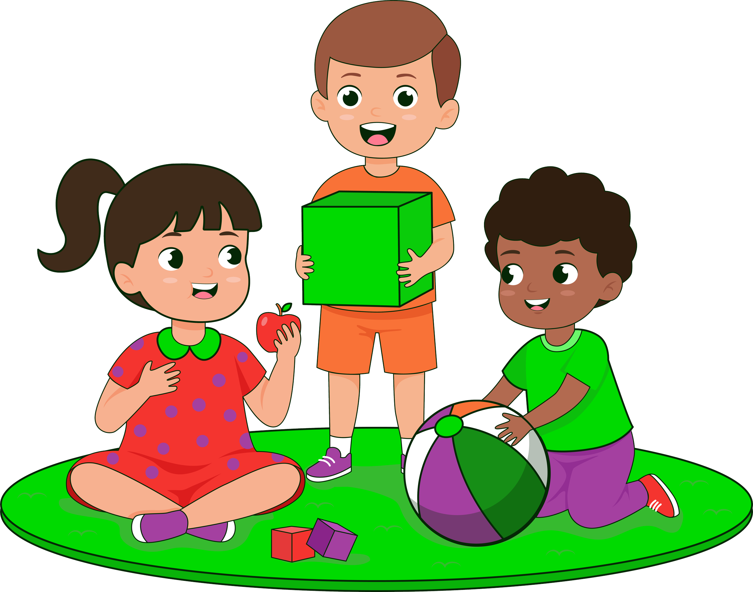 Three kids playing on a green rug, one girl holding an apple, one boy with a green and white beach ball, and another boy holding a green box.