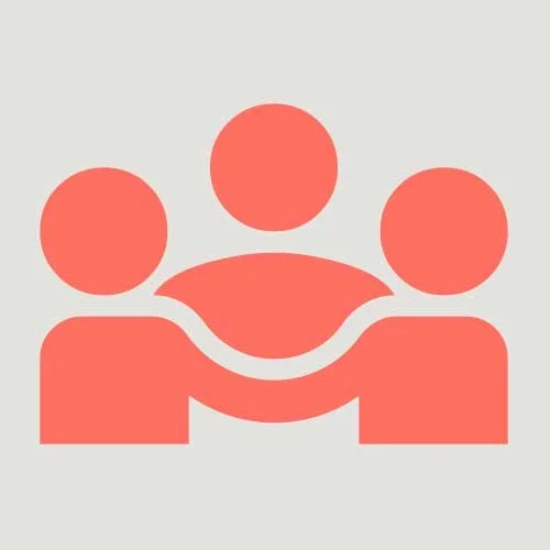 Icon of three people connected by a smiley face, representing community or teamwork.