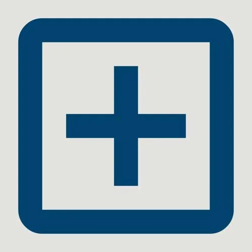 Medical or health-related symbol with a blue cross inside a blue square outline.