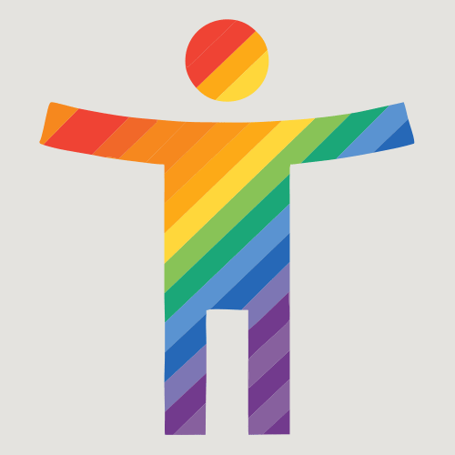 Rainbow-colored human figure with outstretched arms and a rainbow-colored circle above its head.