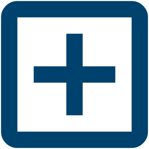 Medical cross symbol on a black background, enclosed in a blue square with rounded corners.