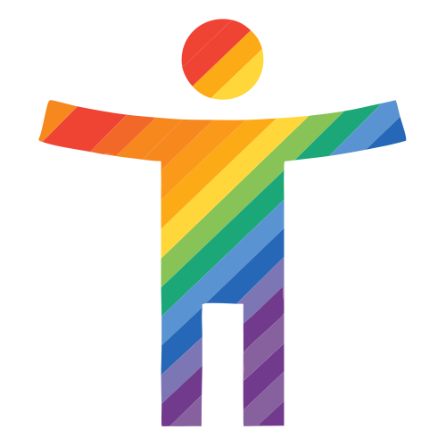 A stylized human figure consisting of rainbow-colored diagonal stripes, with arms outstretched and a rainbow-colored circle above its head.