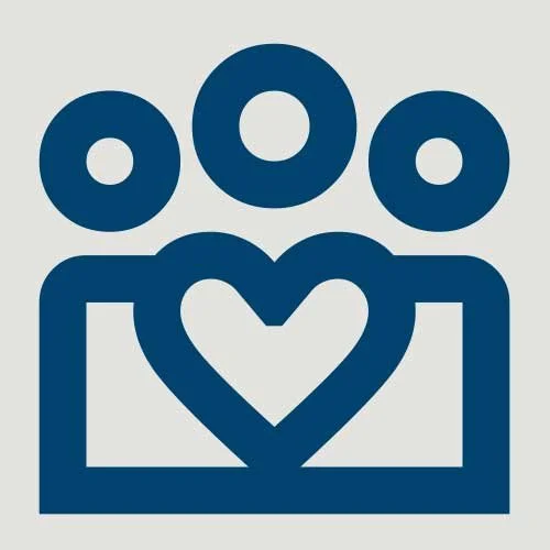 A stylized icon of three figures with one figure having a heart shape in the center, representing community or care.