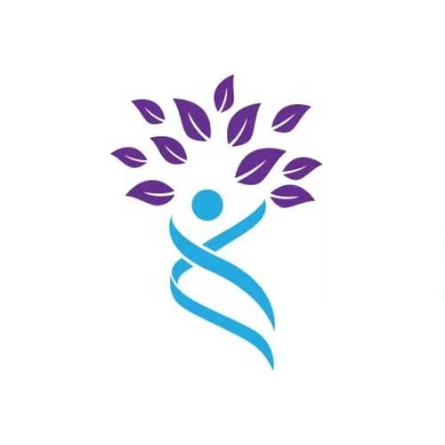 Abstract logo featuring a stylized human figure with outstretched arms, a blue spiral shape resembling a body, and purple leaves forming a tree canopy above, symbolizing growth and vitality.