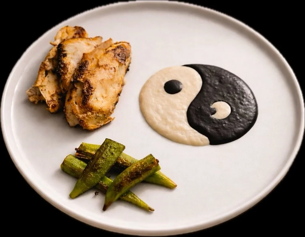 Blackened grouper, charred okra, yin yang grits