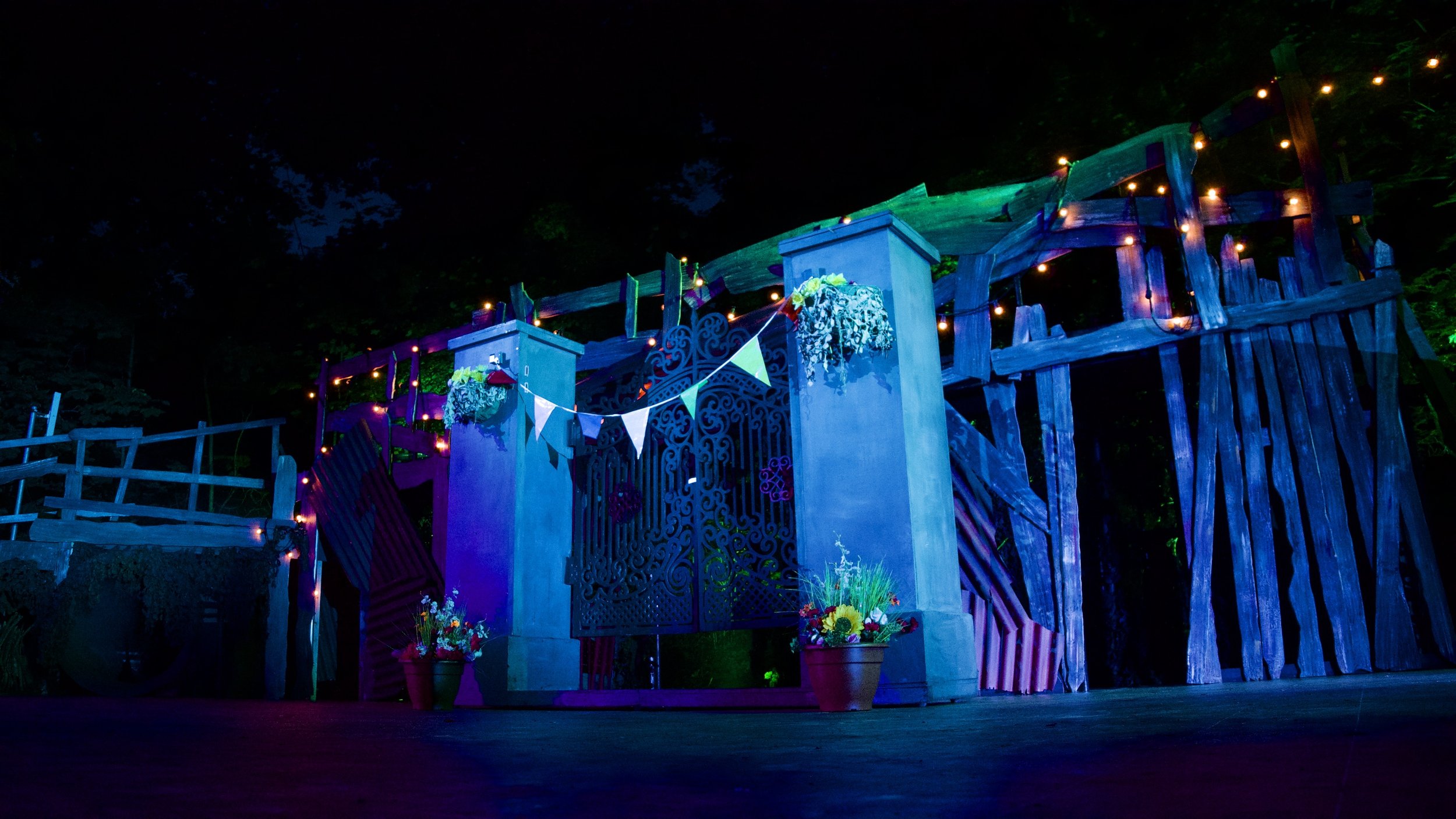 Decorative entrance gate with string lights and colorful bunting, flower pots, and a wooden structure in the background at night.