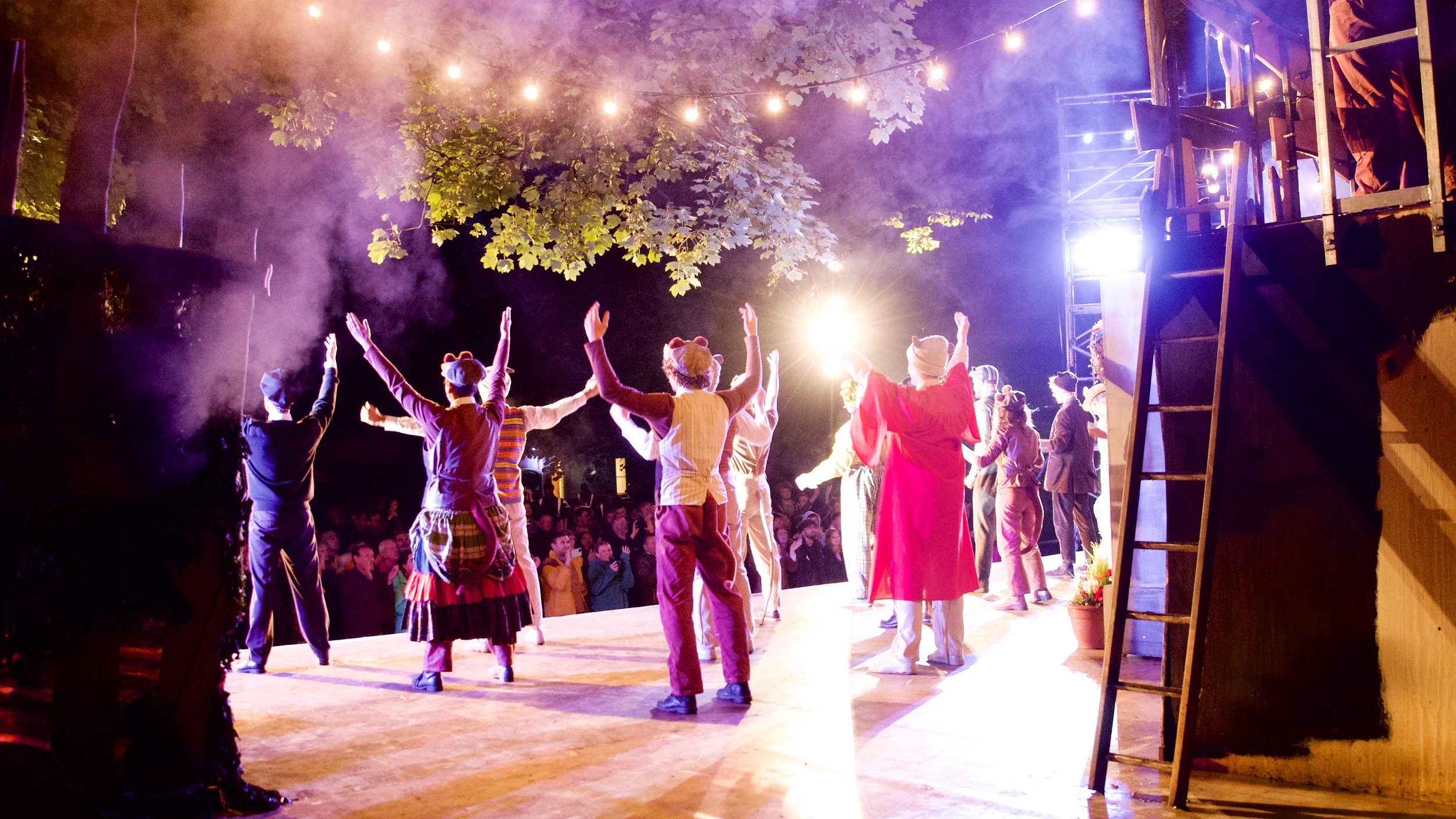 Performers dressed in colorful costumes dancing on stage during an outdoor show at night, with stage lights, trees, and an audience visible in the background.