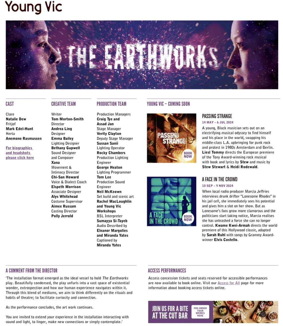 Poster for the play 'The Earthworks' featuring a dark purple and pink cosmic background with two faces in profile facing each other, titled 'Young Vic' at the top, with cast and crew information, and images of two book covers for upcoming performance