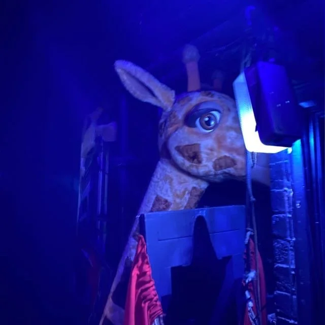 Giant plush giraffe peeking out from behind a cardboard box, illuminated by blue and purple lighting in a dark room.