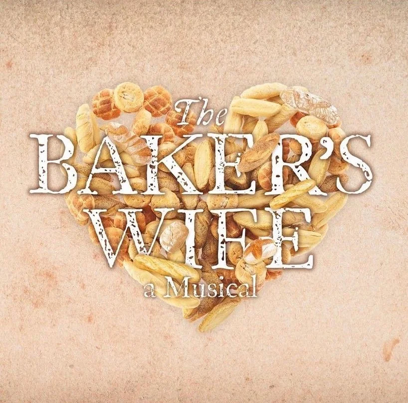 A heart shape made of various pasta noodles with the text 'The Bakers Wife: A Musical' overlayed.
