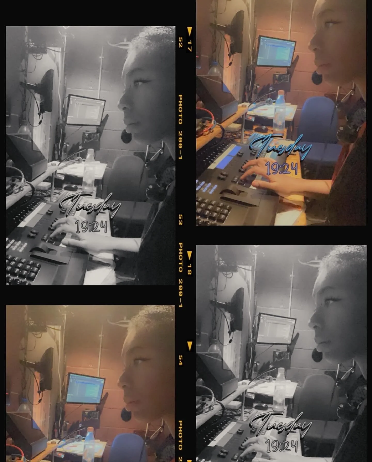 A woman wearing a headset sitting at a desk with a computer, mixer, and monitor, working on music or audio editing in a room with wooden walls. The image is presented in a film strip format with four frames, some in black and white and others in colo