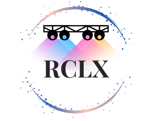 Lighting rig with four colored spotlights shining pink, blue, purple, and yellow onto the text 'RCLX' beneath it, surrounded by a circular splash pattern.