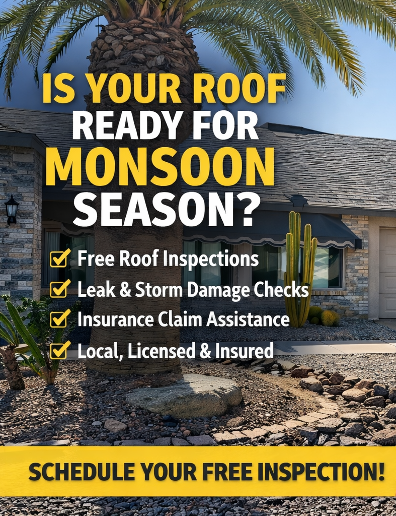 A promotional poster for roof inspections during monsoon season, featuring a house with a palm tree and cacti, with text advertising free roof inspections, damage checks, insurance help, and licensed services, with a call to schedule a free inspection.
