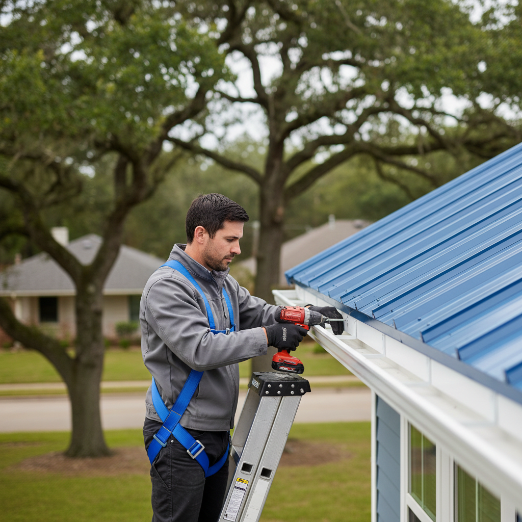 A man in a gray jacket, wearing a safety harness, using a cordless drill on the eaves of a house with blue metal roof panels, in a suburban neighborhood with trees and houses in the background.