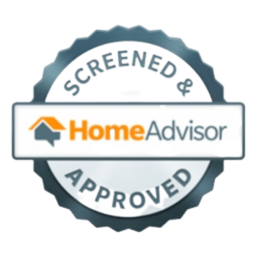 A circular badge with a scalloped edge that reads 'Screened & Approved'. In the center, there is the HomeAdvisor logo with an orange house icon and the text 'HomeAdvisor' in gray and orange.