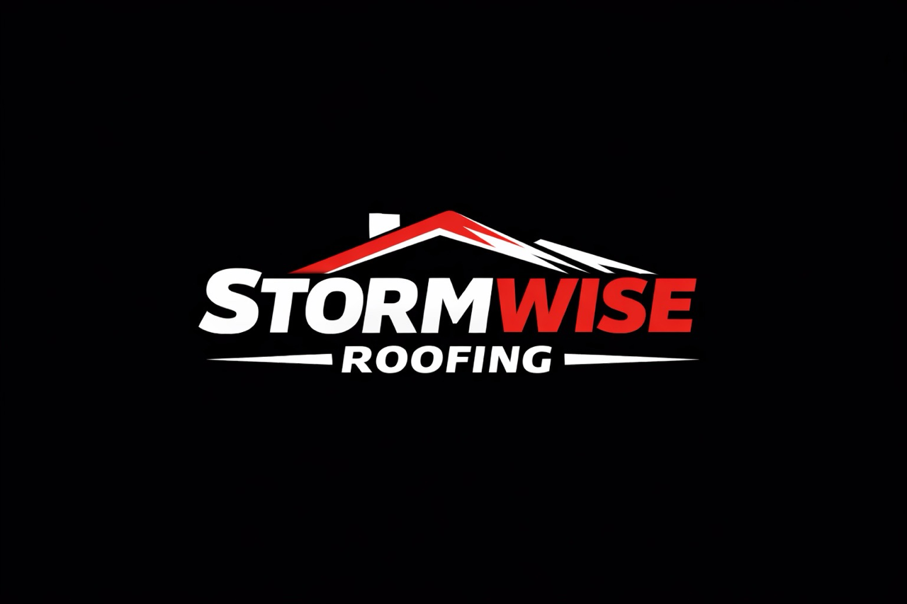Logo of Storm Wise Roofing featuring a stylized mountain roof with red and white colors and bold text.