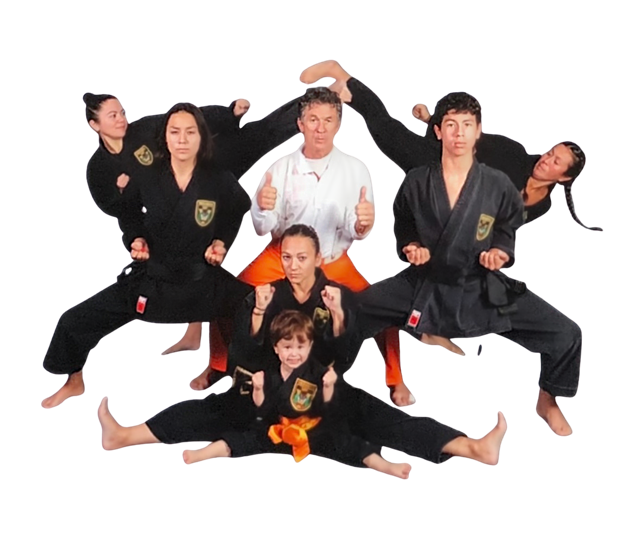 The Vizzio family, including children and adults, wearing black uniforms with patches, posing in martial arts stances with Sifu Vizzio in the center giving a thumbs-up.