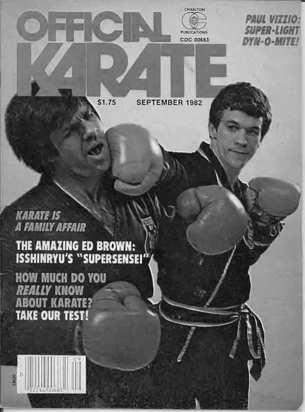The cover of the September 1982 issue of 'Official Karate' magazine featuring two men in martial arts uniforms with boxing gloves, one with his fist extended toward the camera.
