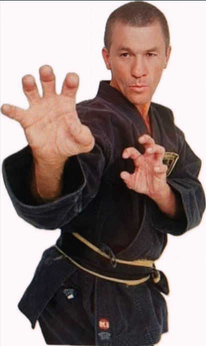 Sifu Vizzio dressed in a black martial arts uniform holding his hand out in a blocking motion.