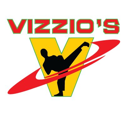 Vizzio's logo with a silhouette of a Sifu Vizzio performing a high kick inside a yellow triangular background, with a red swoosh around the figure, and the name 'Vizzio's' in red and green text at the top.