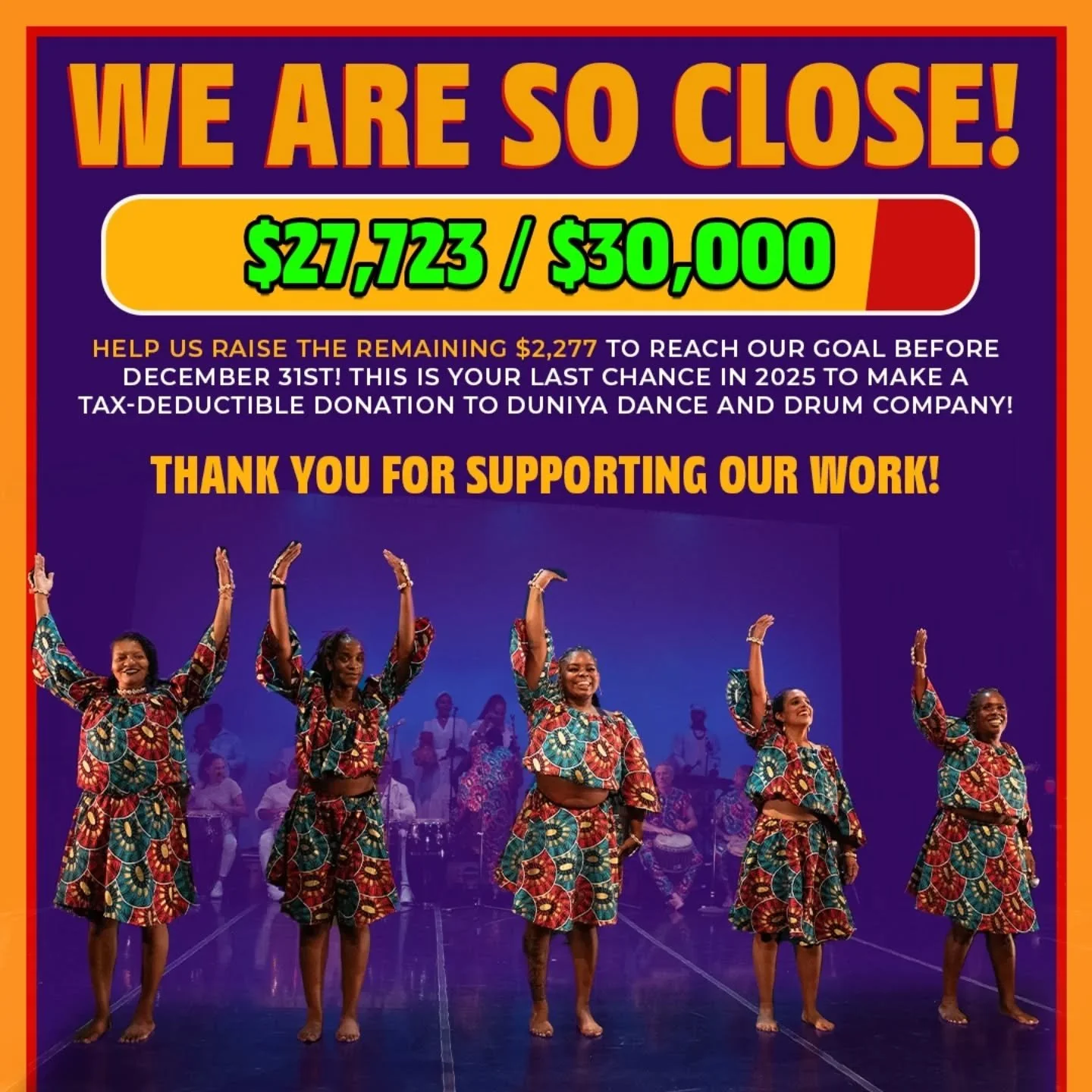 We're SO close to our fundraisng goal!

Thanks to your support, we've raised $27,723 toward our $30,000 year-end goal, but we still need your help to cross the finish line.

With just $2,277 left to raise and the end-of-year fast approaching, this is