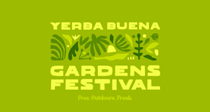 Green banner with text 'Yerba Buena Gardens Festival' and illustrations of various tropical leaves.