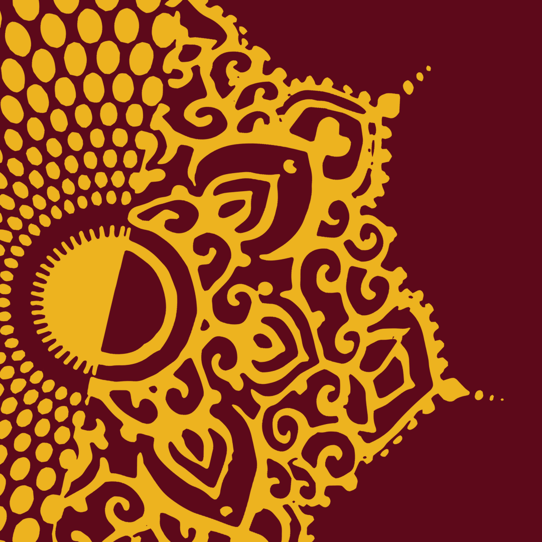 Close-up of an intricate, gold-colored ornate design against a dark red background with a circular pattern on the left side.