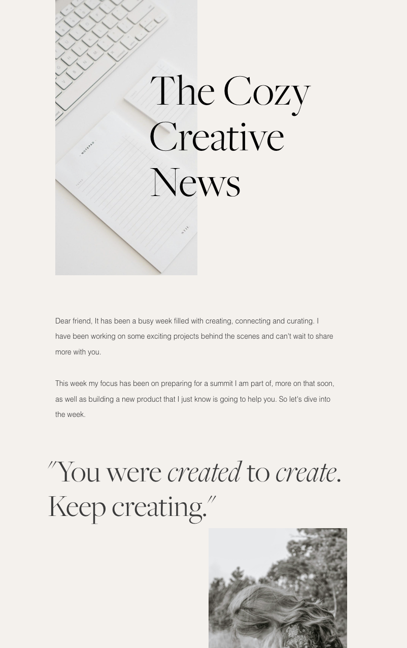 Email newsletter design — The Cozy Creative News — email strategy by Elevate Media