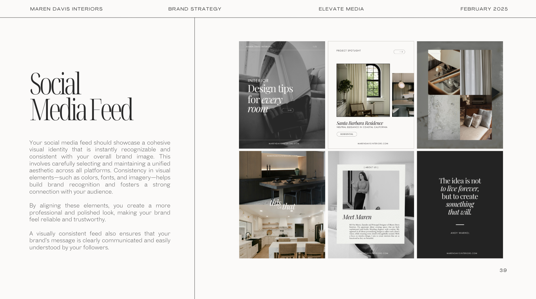 Social media feed design for Maren Davis Interiors — content system by Elevate Media