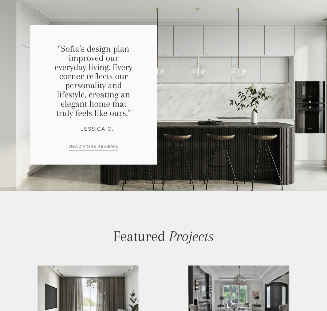 Services and portfolio section of Sofia Hayes Interiors website — Elevate Media web design
