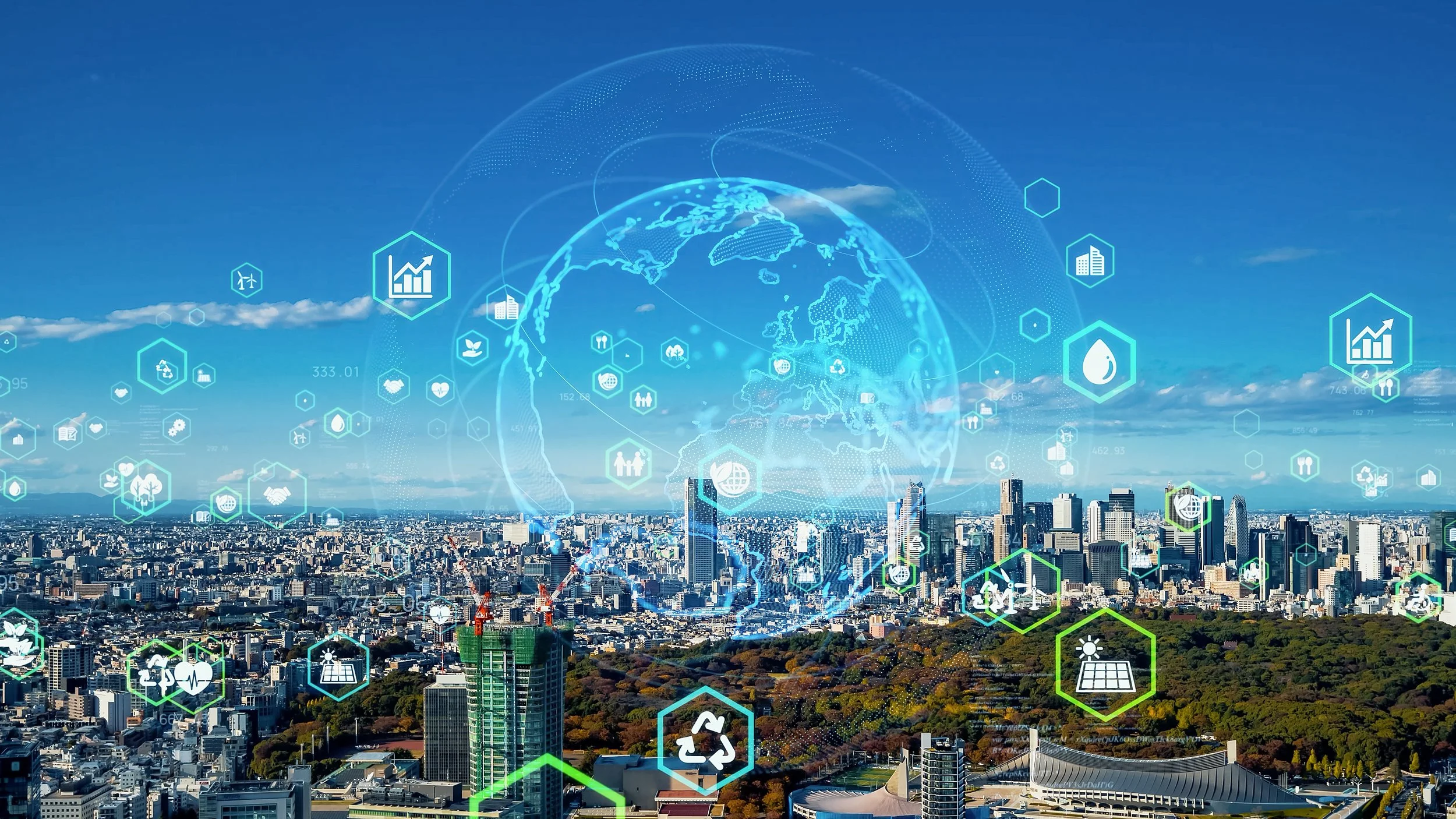 A city skyline overlaid with digital icons and a holographic globe representing global connectivity and technological innovation.