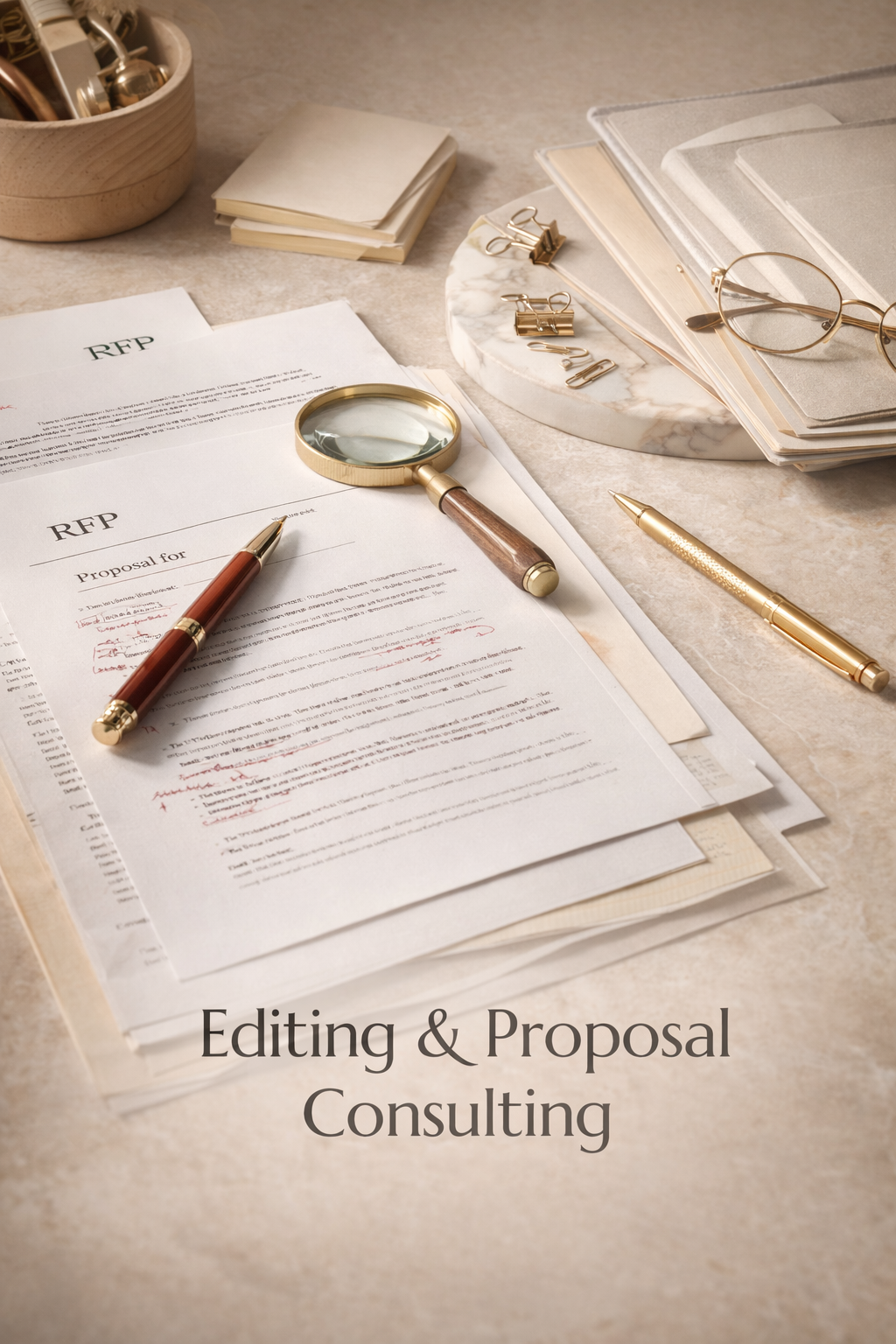 Documents and office supplies on a desk with the text 'Editing & Proposal Consulting'