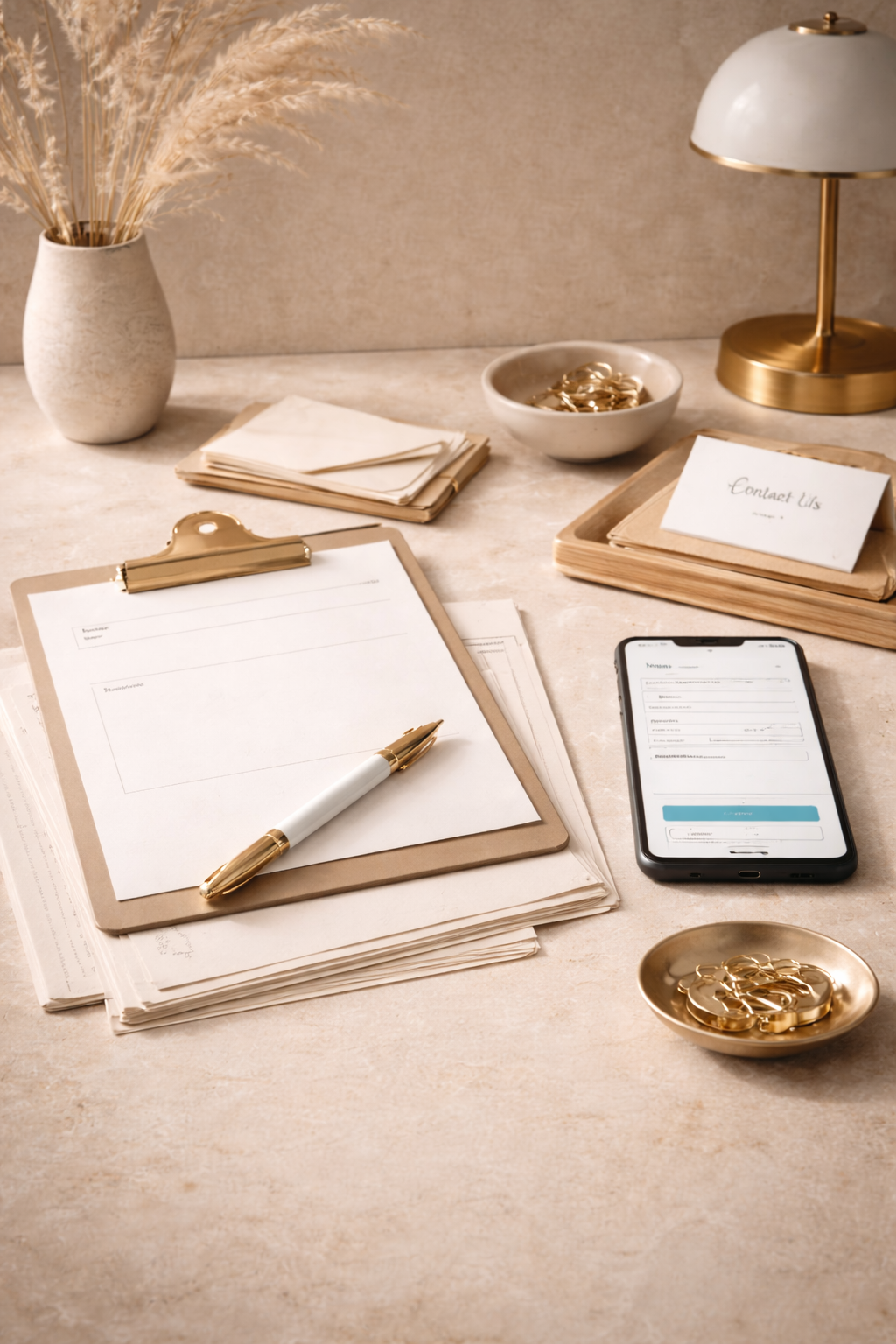 A neat office desk with a notepad, gold and white pen, a phone displaying a form, stacked envelopes labeled 'Contact Us', a bowl with gold paper clips and a small dish with gold jewelry, a white vase with dried wheat, and a gold and white desk lamp.