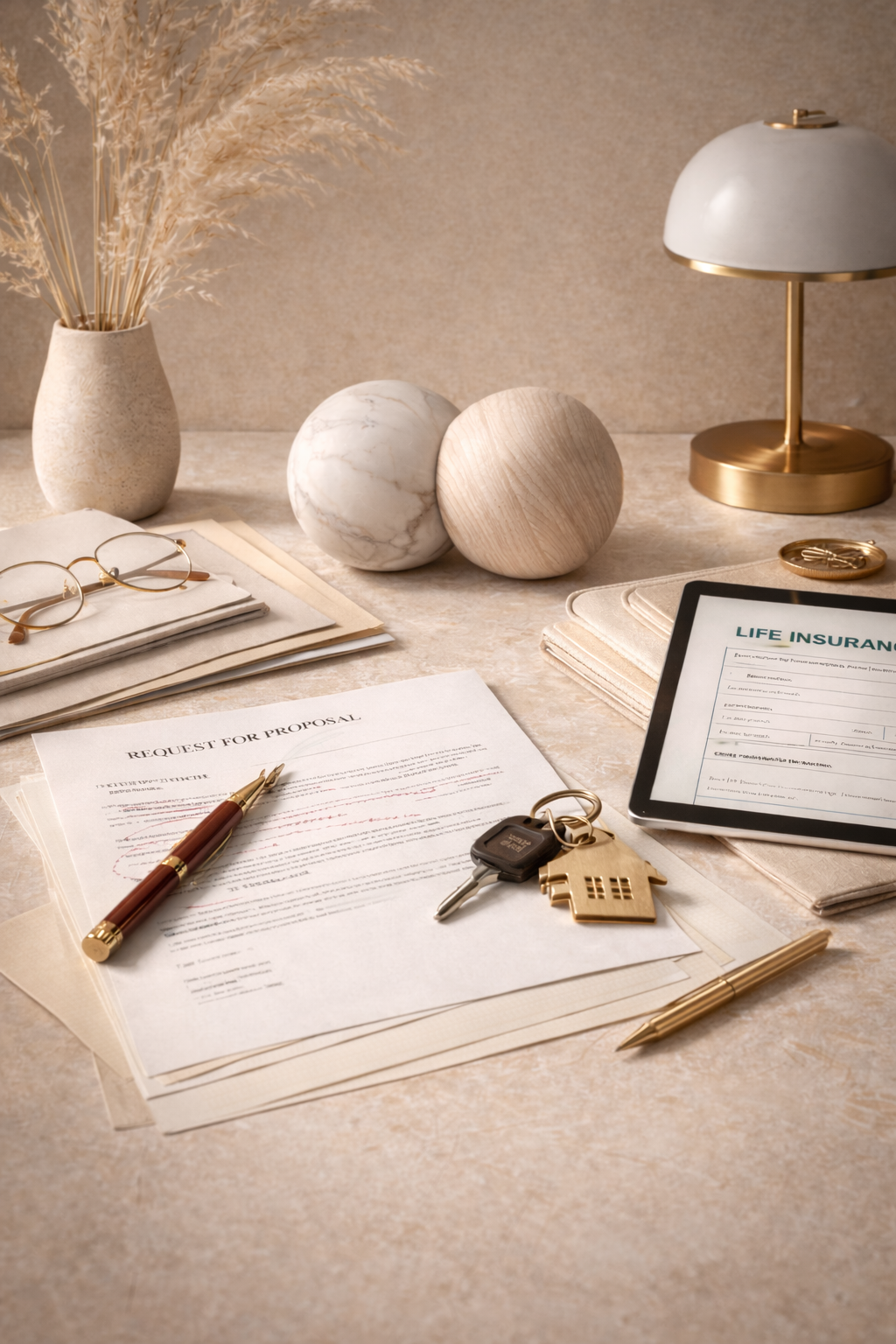 Desk with insurance documents, a tablet, glasses, pencils, decorative vases, a lamp, and keys with a house keychain.