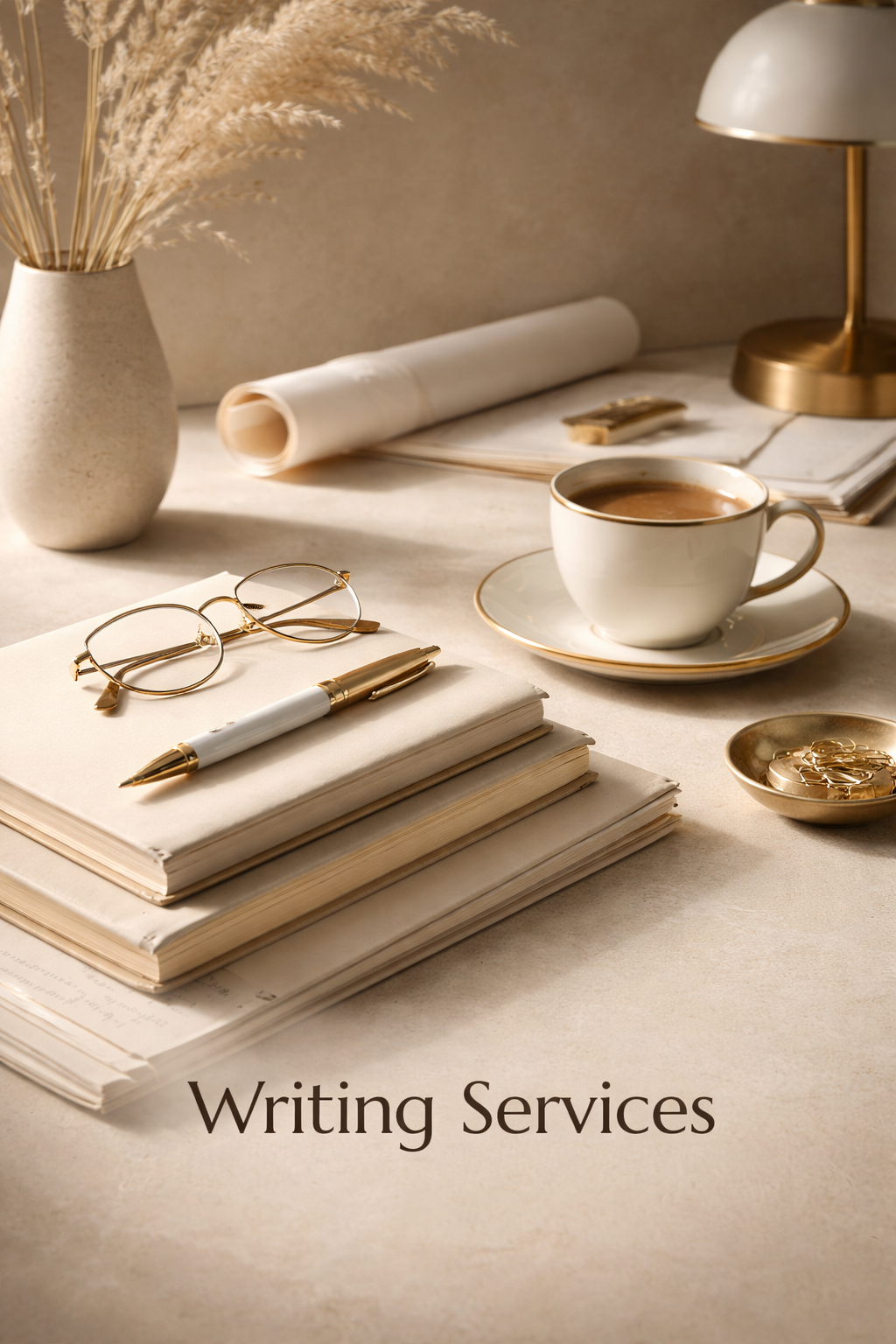 Desk with notebooks, glasses, pen, cup of coffee, vase with dried pampas grass, gold lamp, and writing-related items, labeled 'Writing Services'.