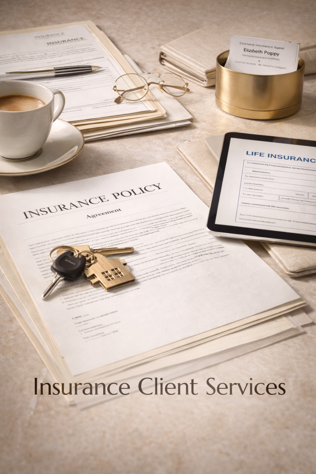 Insurance documents, a coffee cup, glasses, keys with a house key, and a tablet on a desk, representing insurance client services.