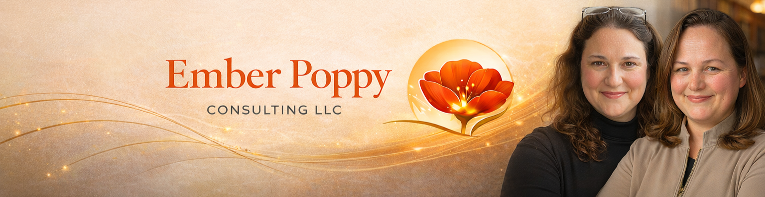 A promotional banner for Ember Poppy Consulting LLC features two smiling women standing side by side, with a background of warm, golden swirling lines and sparkles. The company's logo includes an orange and red poppy flower inside a circular glow.