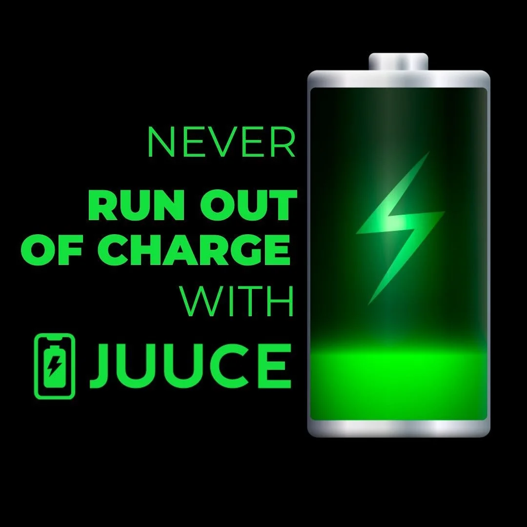 A graphic with a nearly full green battery icon and the text 'Never run out of charge with juice' in green and purple colors.